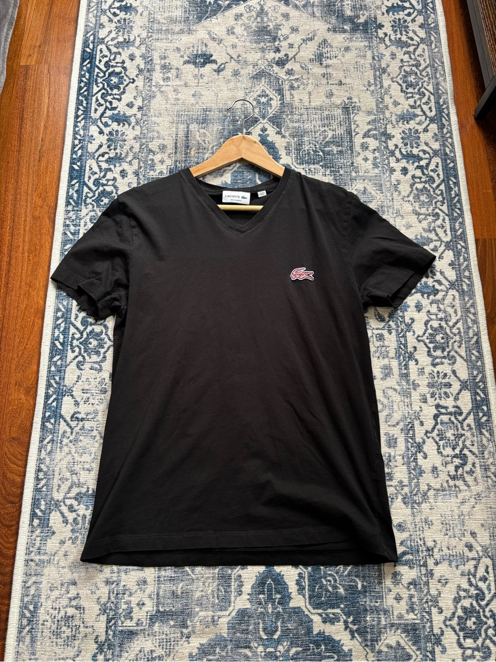 Lacoste Black V-Neck Short Sleeve Tee with Pink Crocodile Logo